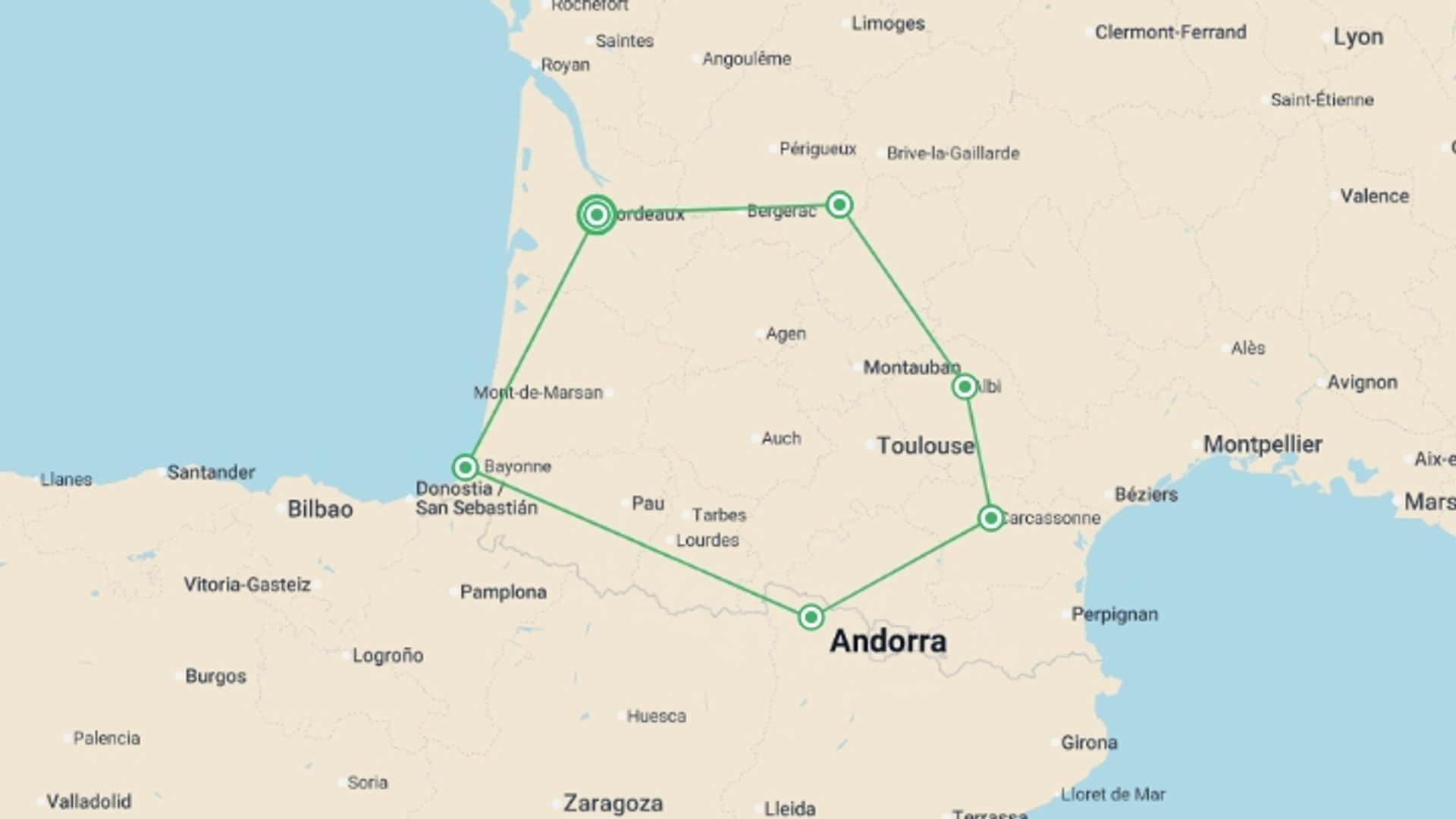 A map showing the tour itinerary for the trip: Jewels of Southwest France, starting in Bordeaux, France and ending in Bordeaux, France going through 6 other destinations.