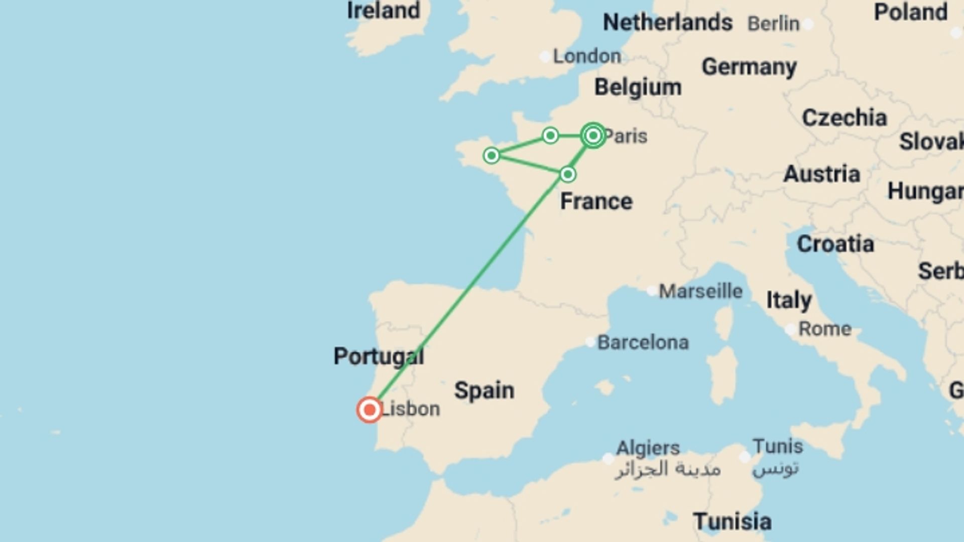 A map showing the tour itinerary for the trip: Lisbon And Highlights Of Paris Normandy And The Loire Valley, starting in Paris, France and ending in Lisbon, Portugal going through 3 other destinations.