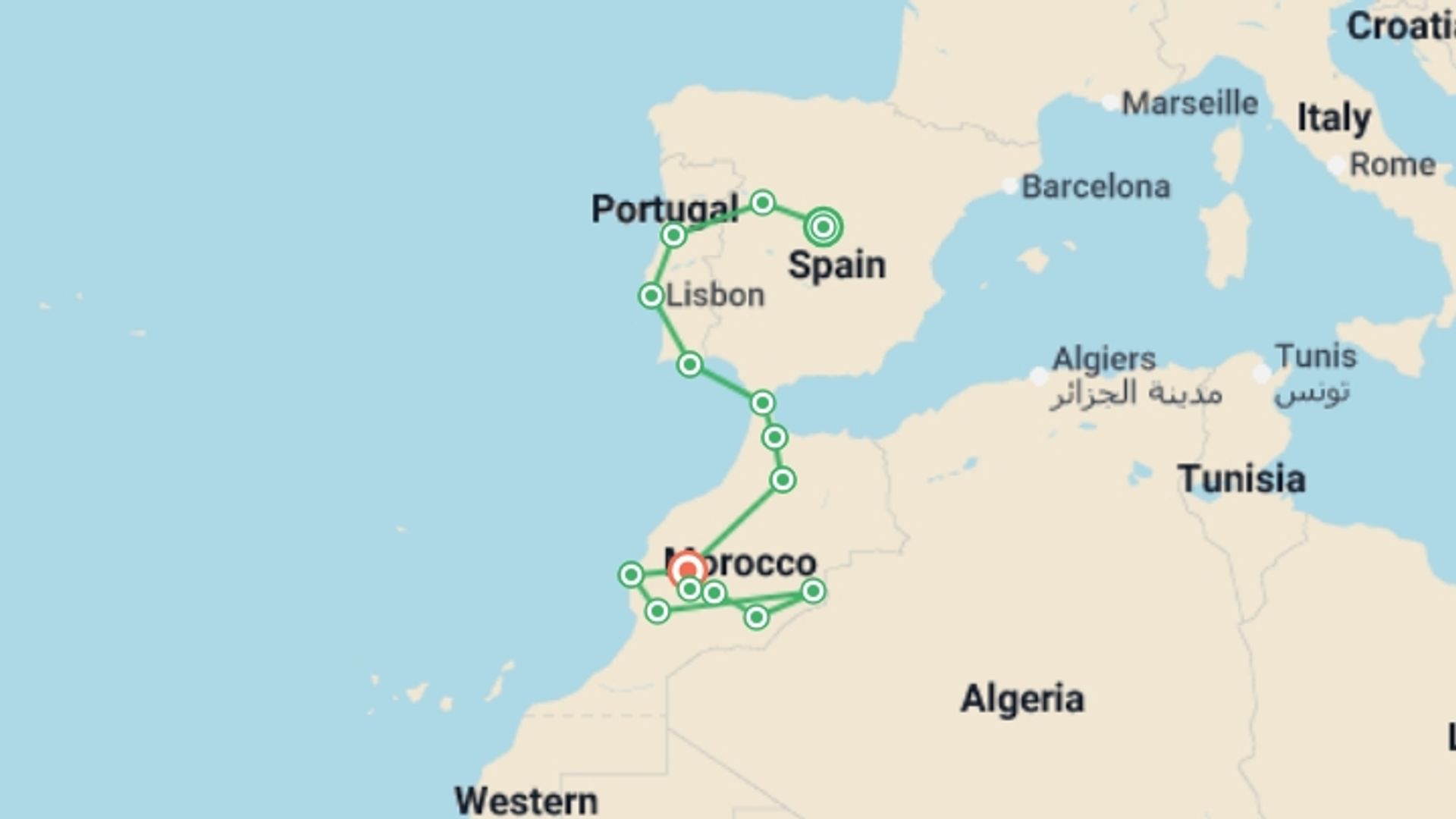 A map showing the tour itinerary for the trip: Spain, Portugal & Morocco, starting in Madrid, Spain and ending in Marrakech, Morocco going through 13 other destinations.