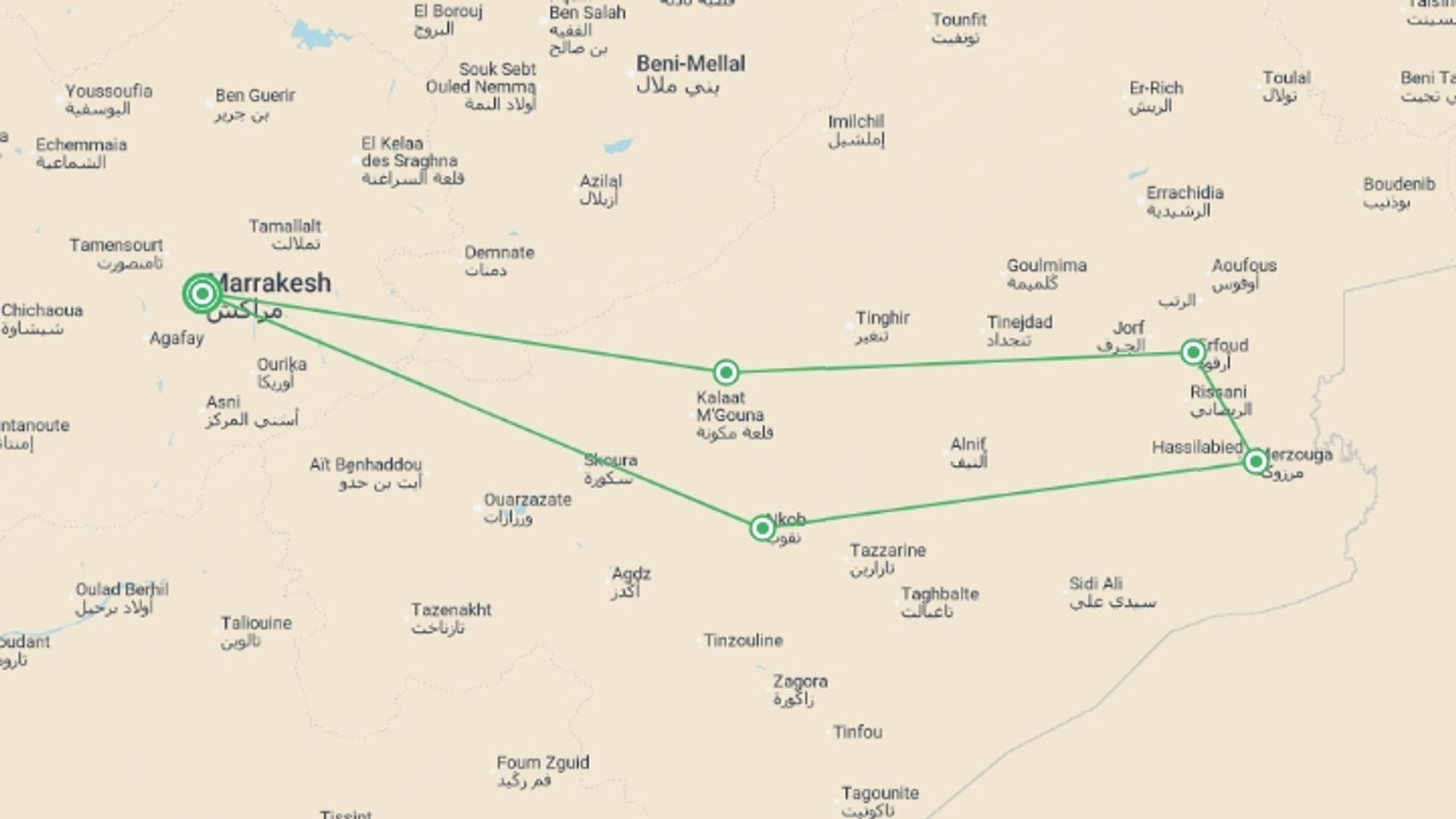 A map showing the tour itinerary for the trip: Cycle Morocco - Atlas to the Sahara, starting in Marrakech, Morocco and ending in Marrakech, Morocco going through 1 other destinations.