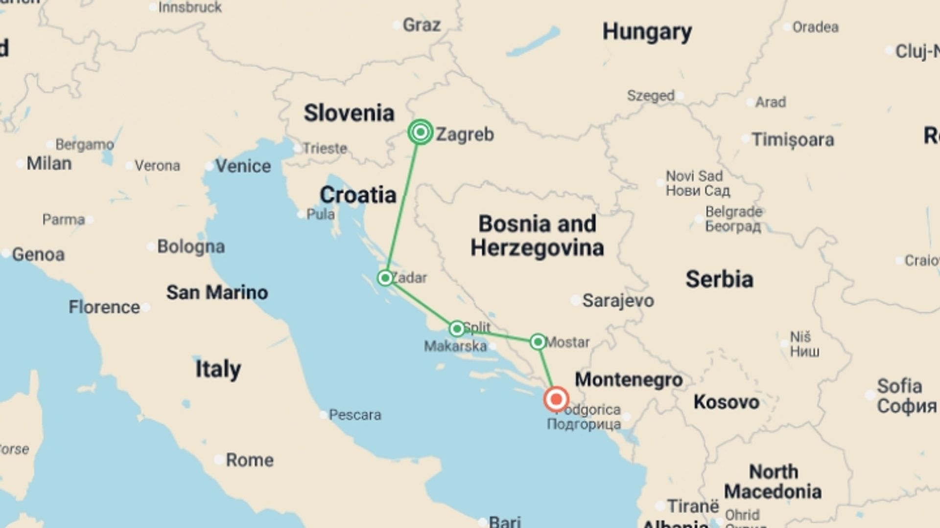 A map showing the tour itinerary for the trip: Amazing Croatia, Small Group Tour, starting in Zagreb, Croatia and ending in Dubrovnik, Croatia going through 3 other destinations.