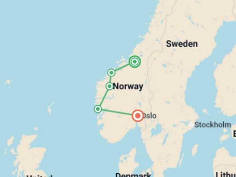 Map of Northern Europe City sightseeing Tour with 5 destination visits for the trip: The beautiful Norway End Oslo