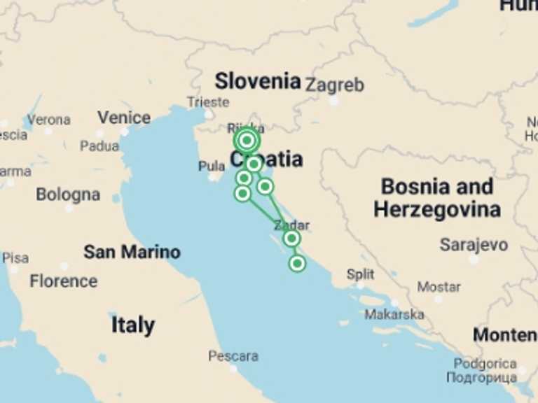 Map of a Cruise Tour with 6 destination visits for the trip: Highlights Of Kvarner To North Dalmatia Cruise (standard Boat Category)