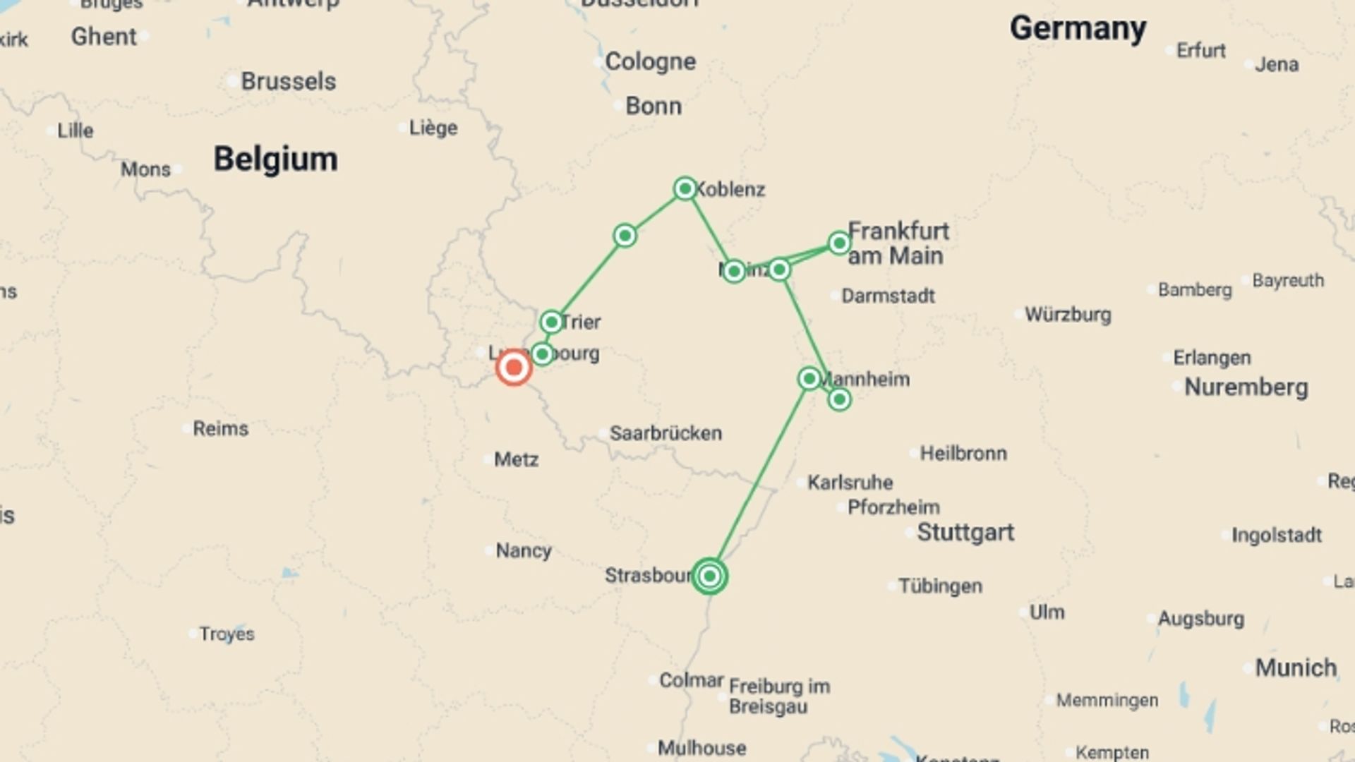 A map showing the tour itinerary for the trip: 5 Different Rivers: The Rhine, Neckar, Main, Moselle, and Saar (port-to-port cruise), starting in Strasbourg, France and ending in Remich, Luxembourg going through 6 other destinations.