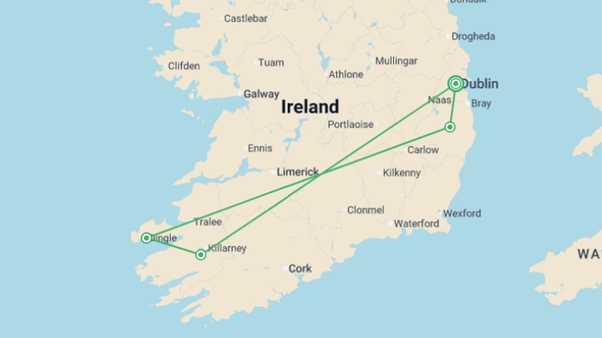 A map showing the tour itinerary for the trip: Wild Ireland Express - 3 days, starting in Dublin, Ireland and ending in Dublin, Ireland going through 2 other destinations.