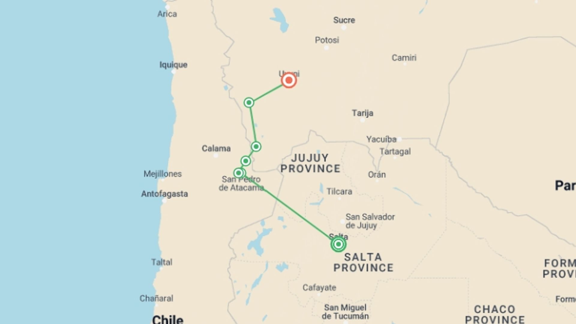 A map showing the tour itinerary for the trip: Argentina & Bolivia: Salt Flats and Desert, starting in Salta, Argentina and ending in Uyuni, Bolivia going through 7 other destinations.