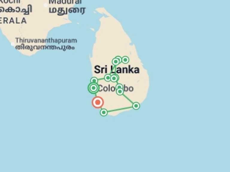 Map of South Asia Cultural, religious and historic sites Tour with 7 destination visits for the trip: Pearl of Sri Lanka Discovery Tour