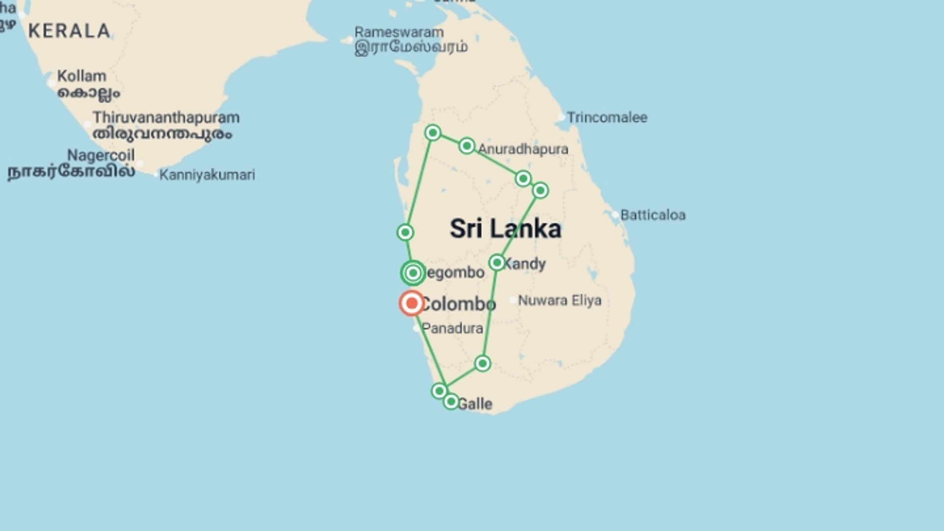 A map showing the tour itinerary for the trip: Active Sri Lanka, starting in Negombo, Sri Lanka and ending in Colombo, Sri Lanka going through 9 other destinations.