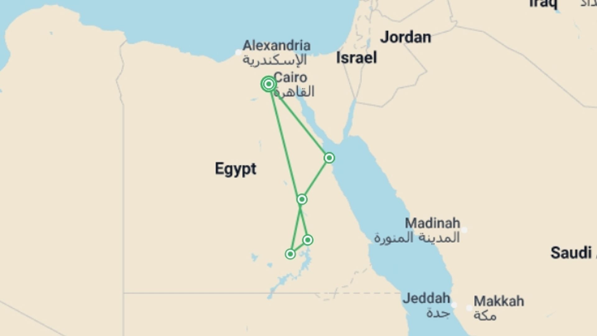 A map showing the tour itinerary for the trip: Egyptian Family Adventure, starting in Cairo, Egypt and ending in Cairo, Egypt going through 4 other destinations.
