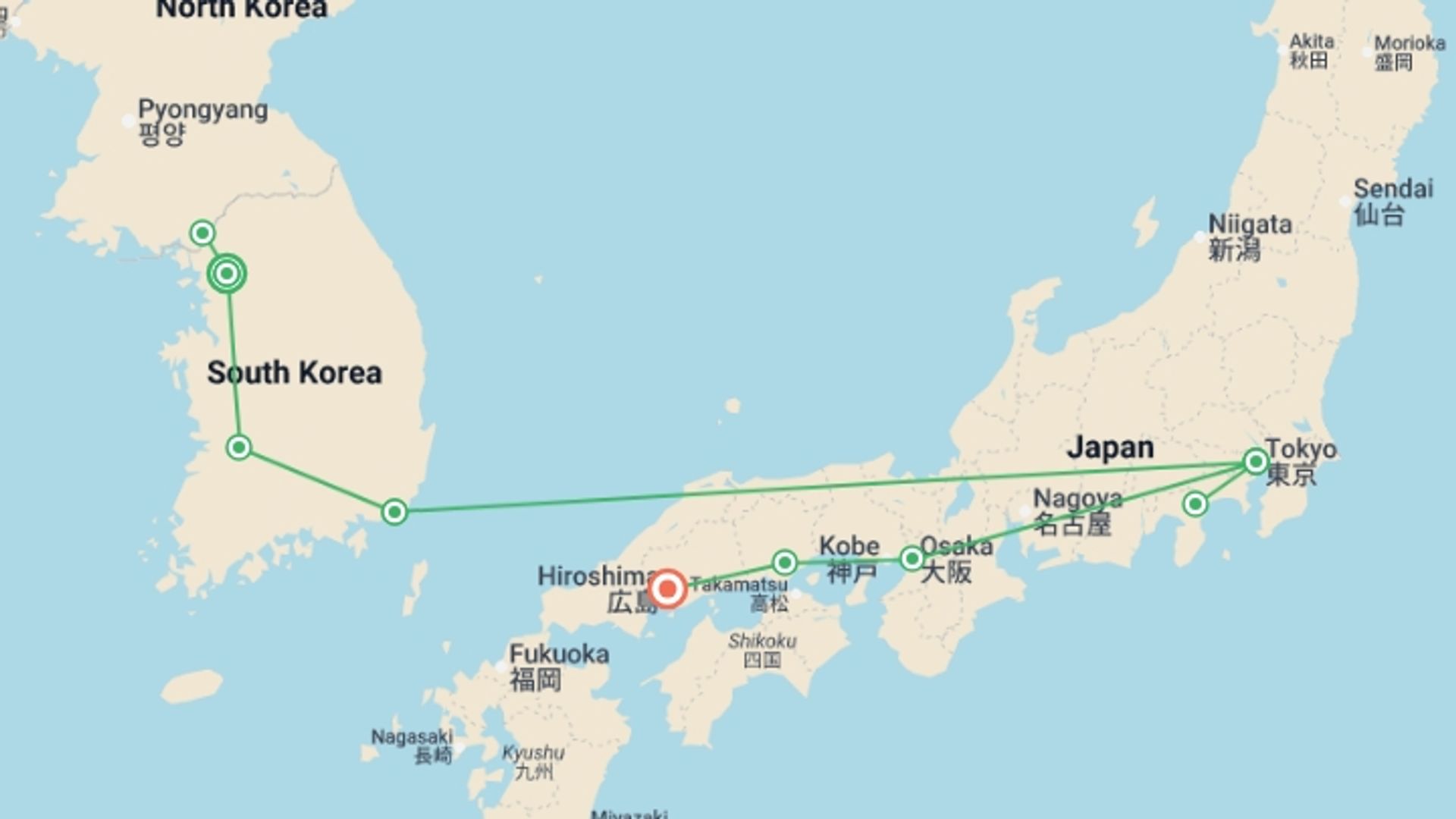 A map showing the tour itinerary for the trip: The Beauty of Korea and Japan with Fuji, starting in Seoul, South Korea and ending in Hiroshima, Japan going through 6 other destinations.