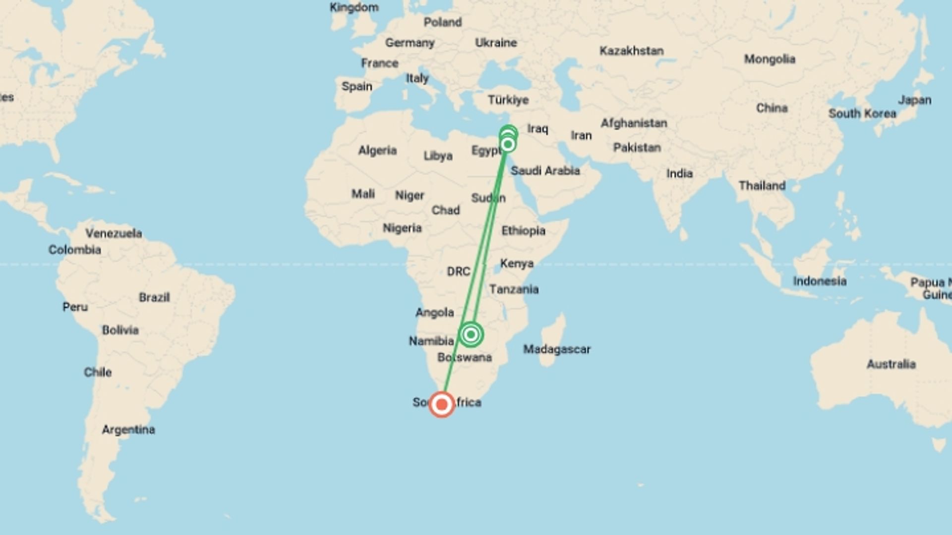 A map showing the tour itinerary for the trip: Best of Jordan, starting in Victoria Falls, Zimbabwe and ending in Cape Town, South Africa going through 5 other destinations.