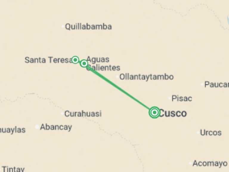 Map of a Kayaking and canoeing Tour with 3 destination visits for the trip: Machu Picchu Jungle Trek 5D/4N (Biking, Zip-Line & Rafting)
