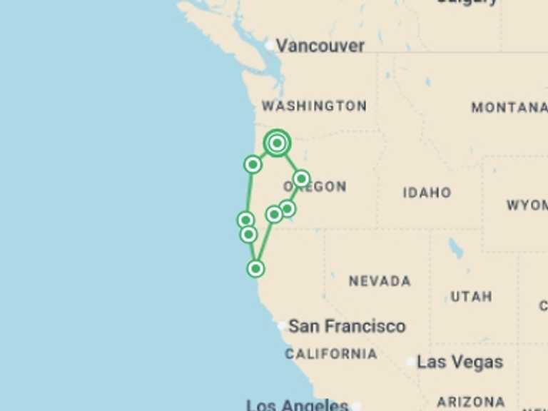 Map of 7-Day North America Tour with 6 destination visits for the trip: Oregon Loop - 7 days