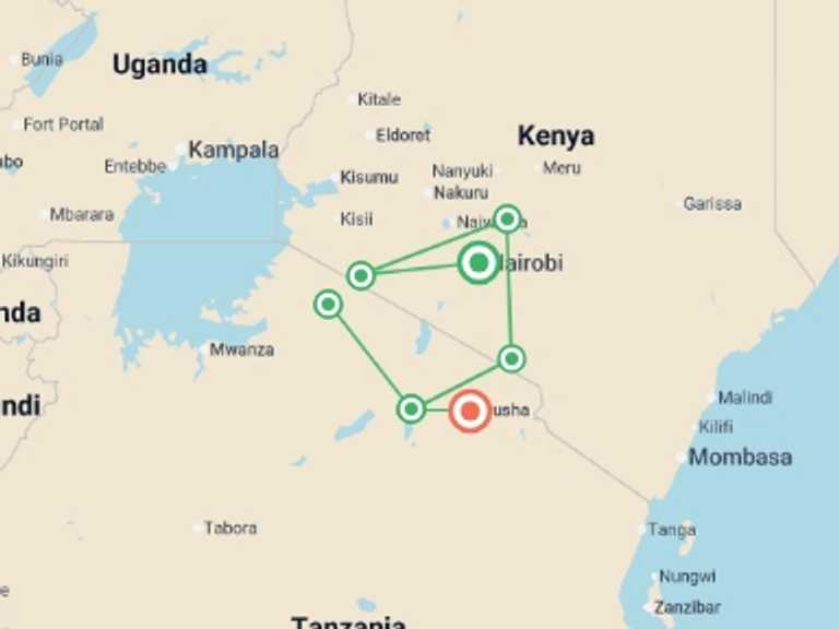 Map itinerary of Africa Tour in September 2026 with 7 destination visits for the trip: Kenya and Tanzania Adventure