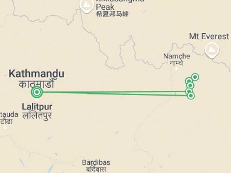Map of 12-Day Kathmandu Tour with 7 destination visits for the trip: Everest Trek in Comfort