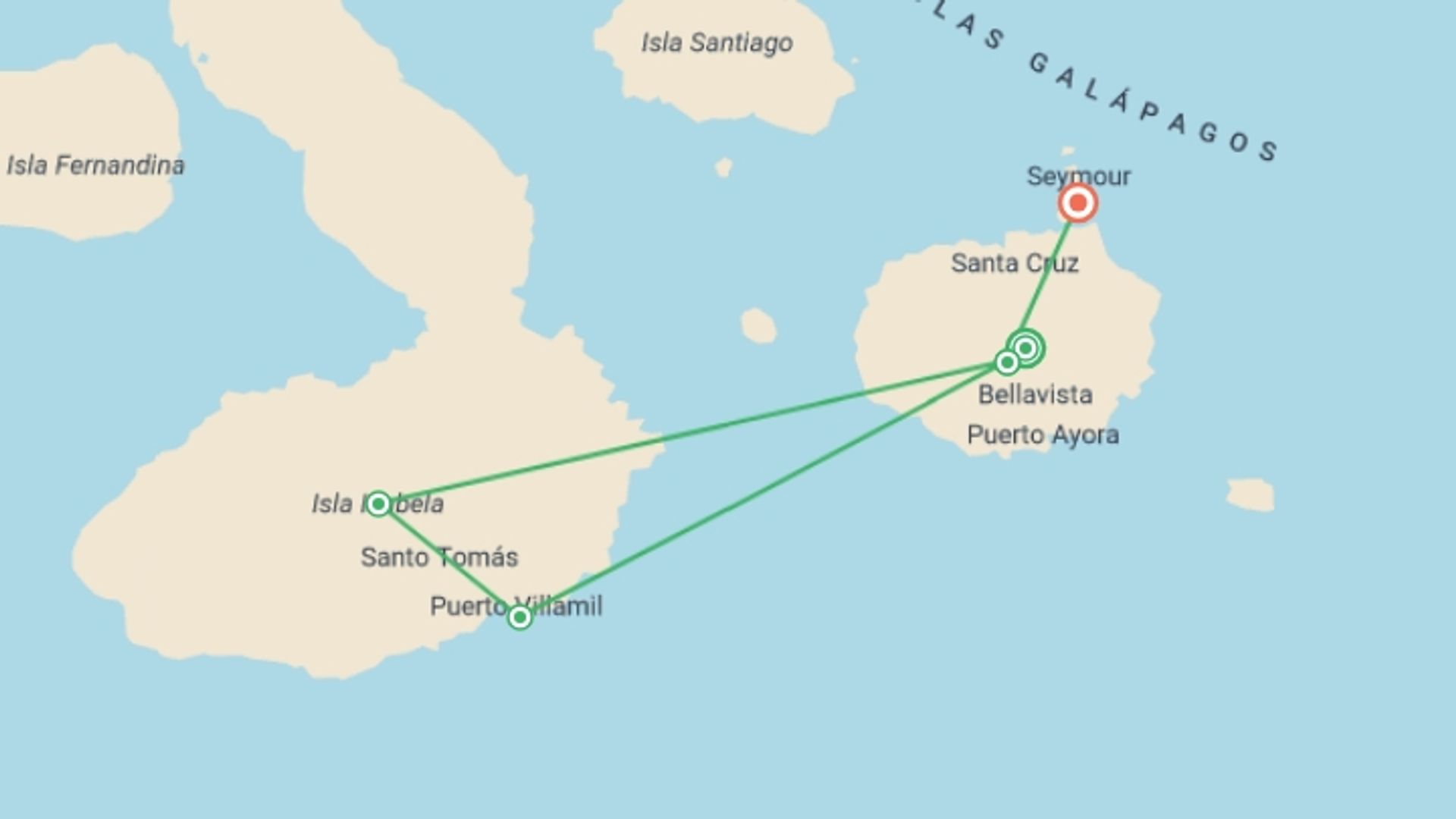 A map showing the tour itinerary for the trip: 6-Day Galapagos Islands: Snorkel, Hike &Wildlife , starting in Santa Cruz, Ecuador and ending in Baltra Island, Ecuador going through 4 other destinations.