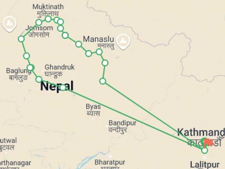 Map itinerary of Nepal Tour in Winter with 16 destination visits for the trip: Annapurna Circuit Trek 