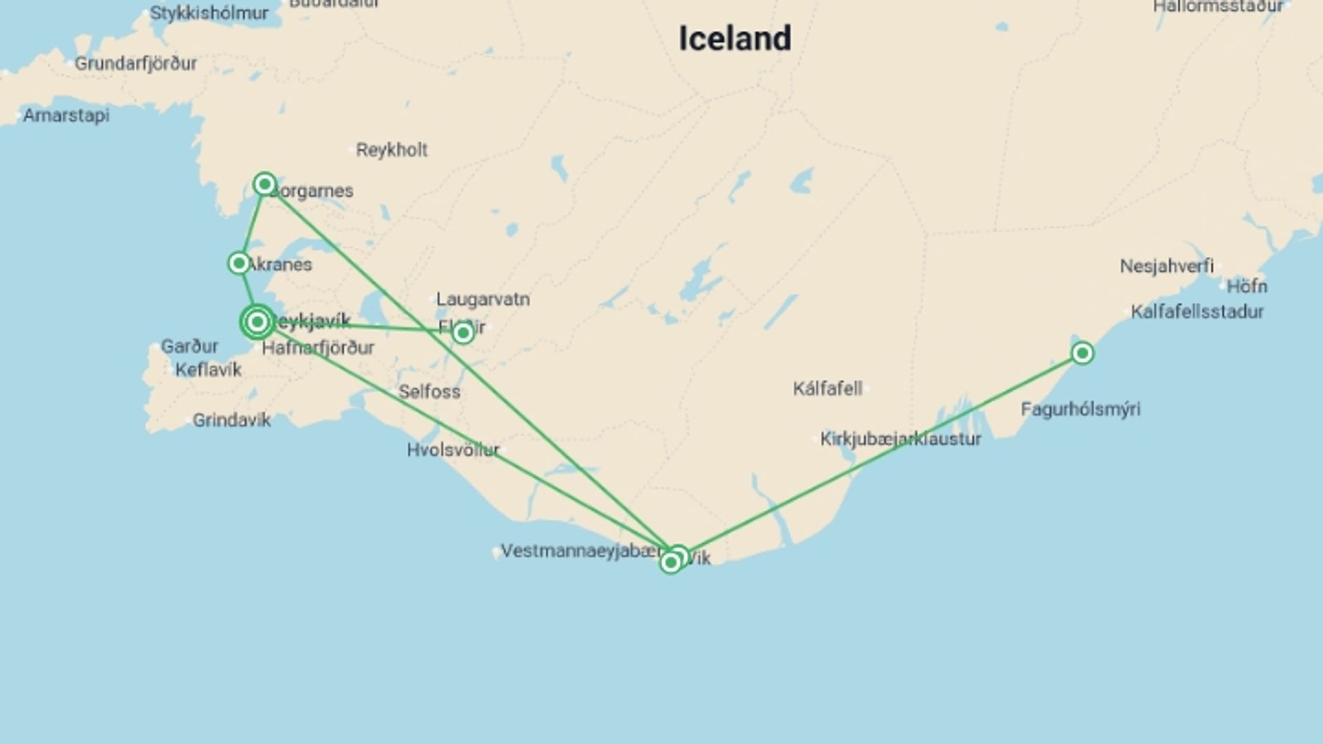 A map showing the tour itinerary for the trip: Iceland’s Midnight Sun: Glaciers, Geysers, and the Golden Circle , starting in Reykjavik, Iceland and ending in Reykjavik, Iceland going through 2 other destinations.