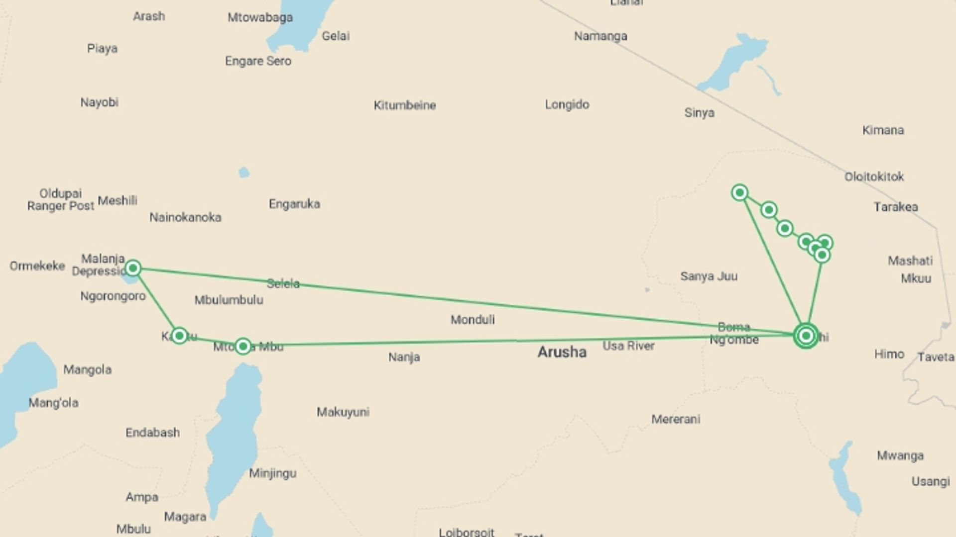 A map showing the tour itinerary for the trip: Kilimanjaro - Lemosho Trek + Safari Extension, starting in Moshi, Tanzania and ending in Moshi, Tanzania going through 9 other destinations.