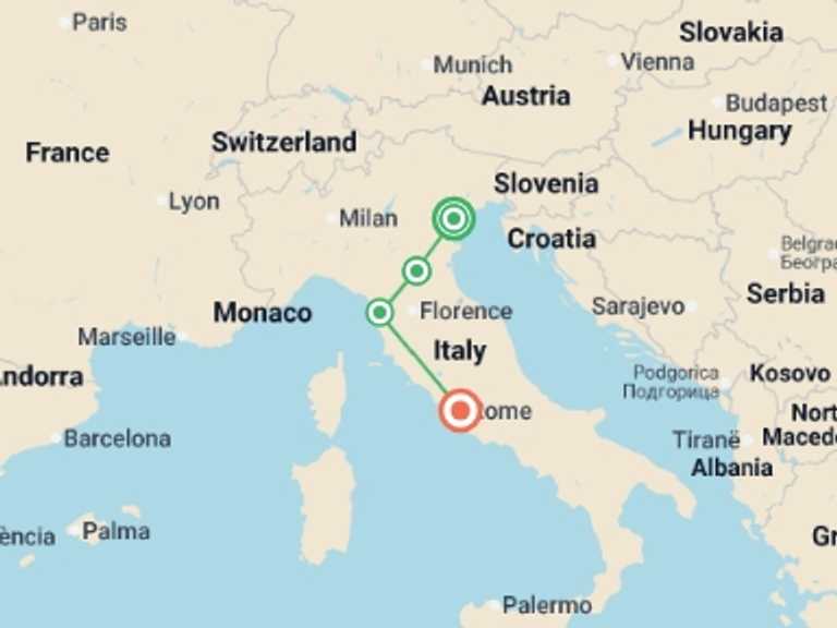 Map itinerary of Italy Tour in June 2026 with 4 destination visits for the trip: Venice to Rome by Rail