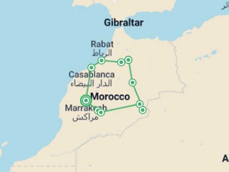 Map of 10-Day Marrakech Tour with 6 destination visits for the trip: Morocco Discovery, Private Tour