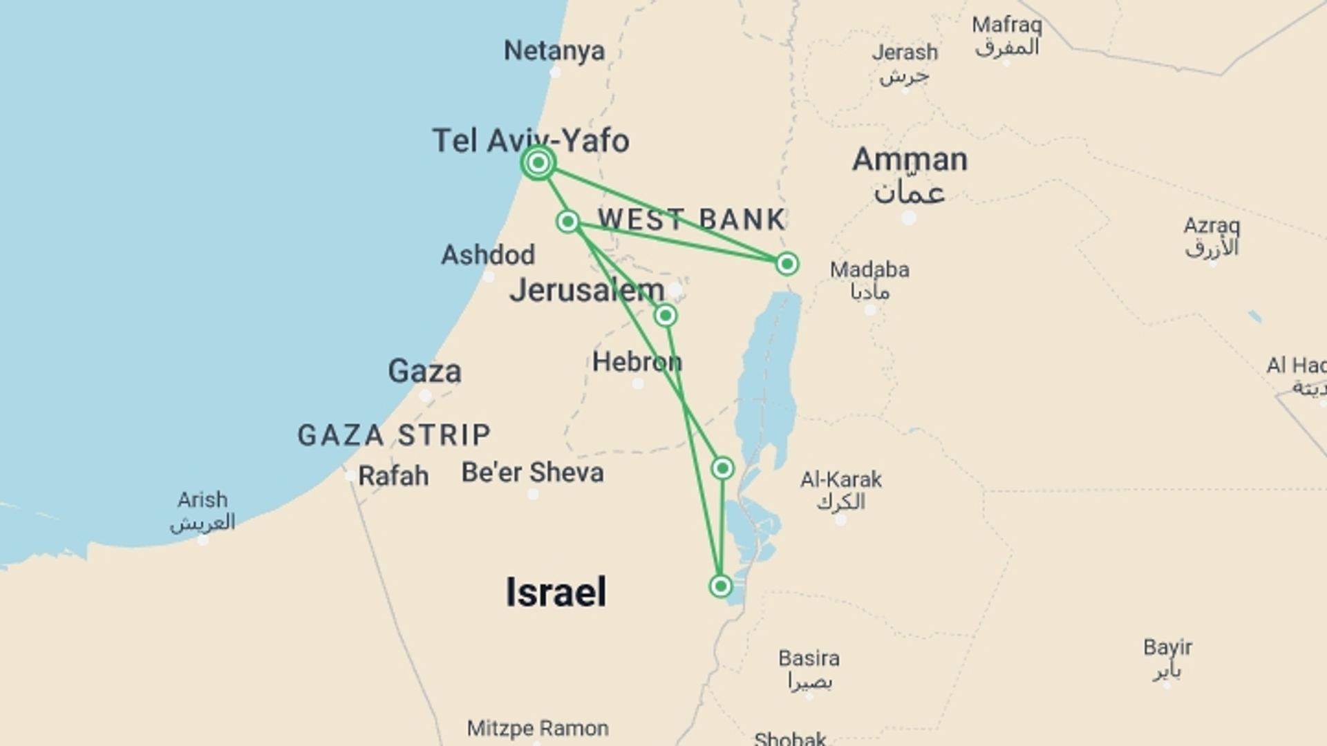 A map showing the tour itinerary for the trip: Bethlehem, Jericho And Masada Tour, 2 Days From Tel Aviv, starting in Tel Aviv, Israel and ending in Tel Aviv, Israel going through 1 other destinations.