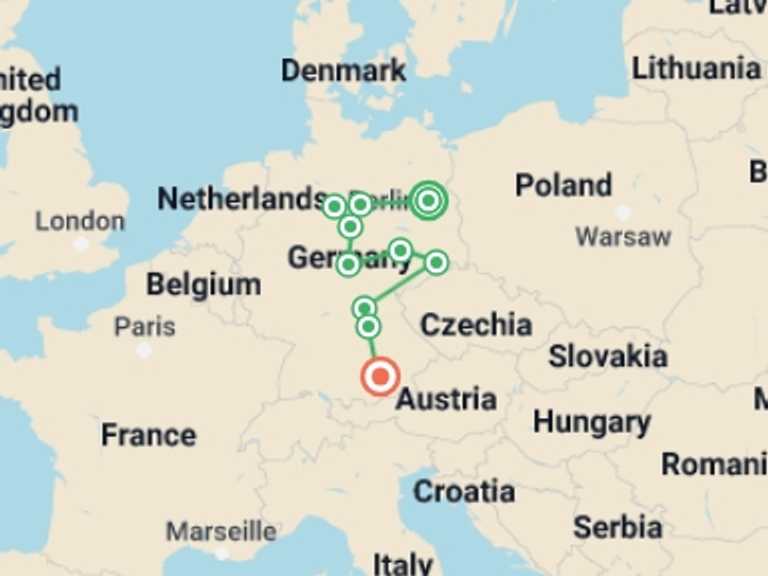Map of 8-Day Berlin Tour with 6 destination visits for the trip: Authentic Germany with Berlin