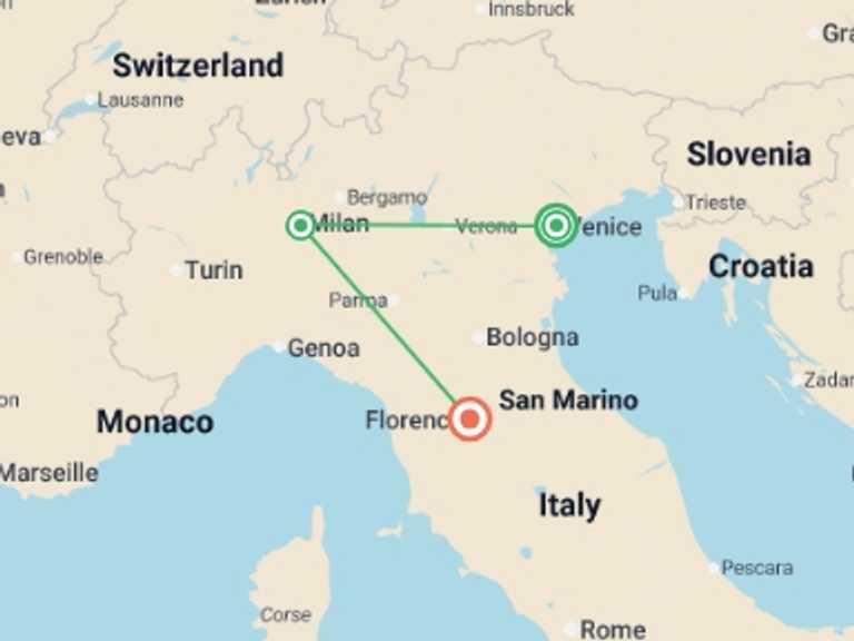 Map of Italy Tour with 3 destination visits for the trip: In The Footsteps Of Leonardo: 7 Days From Venice To Florence, Private Tour