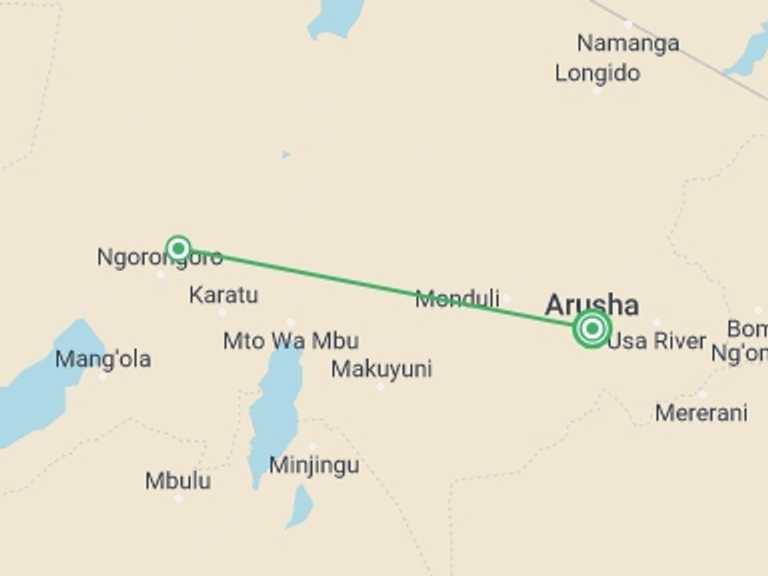 Map itinerary of Ngorongoro Crater Tour in Fall with 3 destination visits for the trip: 2-Day Safari Lake Manayara Park& Ngorongoro Crater Lodge