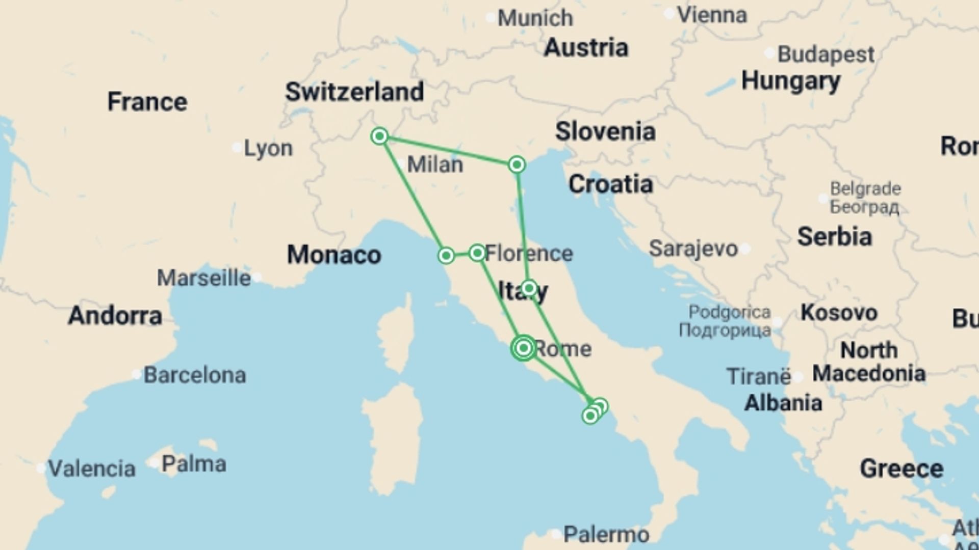 A map showing the tour itinerary for the trip: Italian Escapade, starting in Rome, Italy and ending in Rome, Italy going through 6 other destinations.