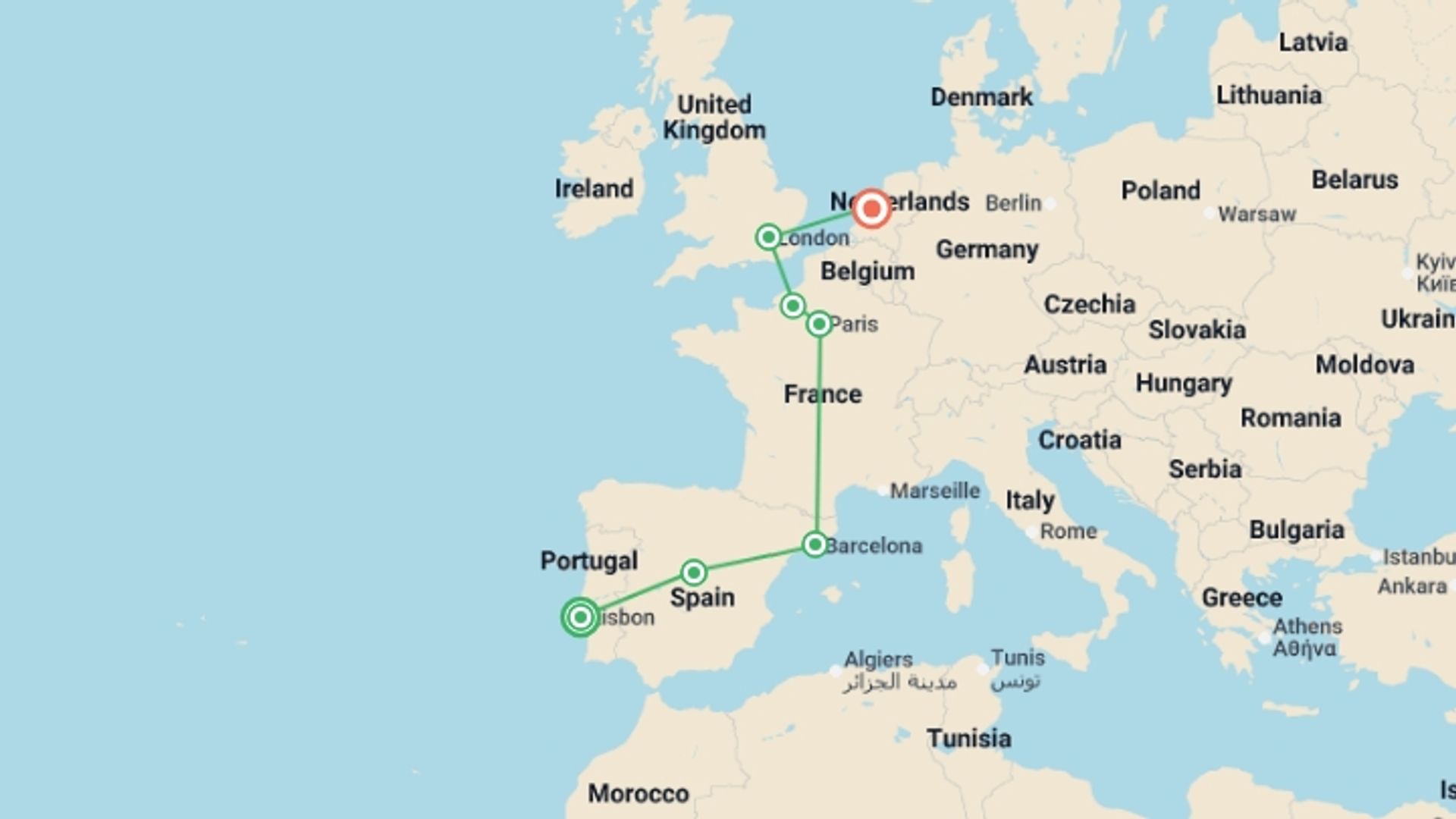 A map showing the tour itinerary for the trip: Western Europe, starting in Lisbon, Portugal and ending in Amsterdam, Holland going through 6 other destinations.