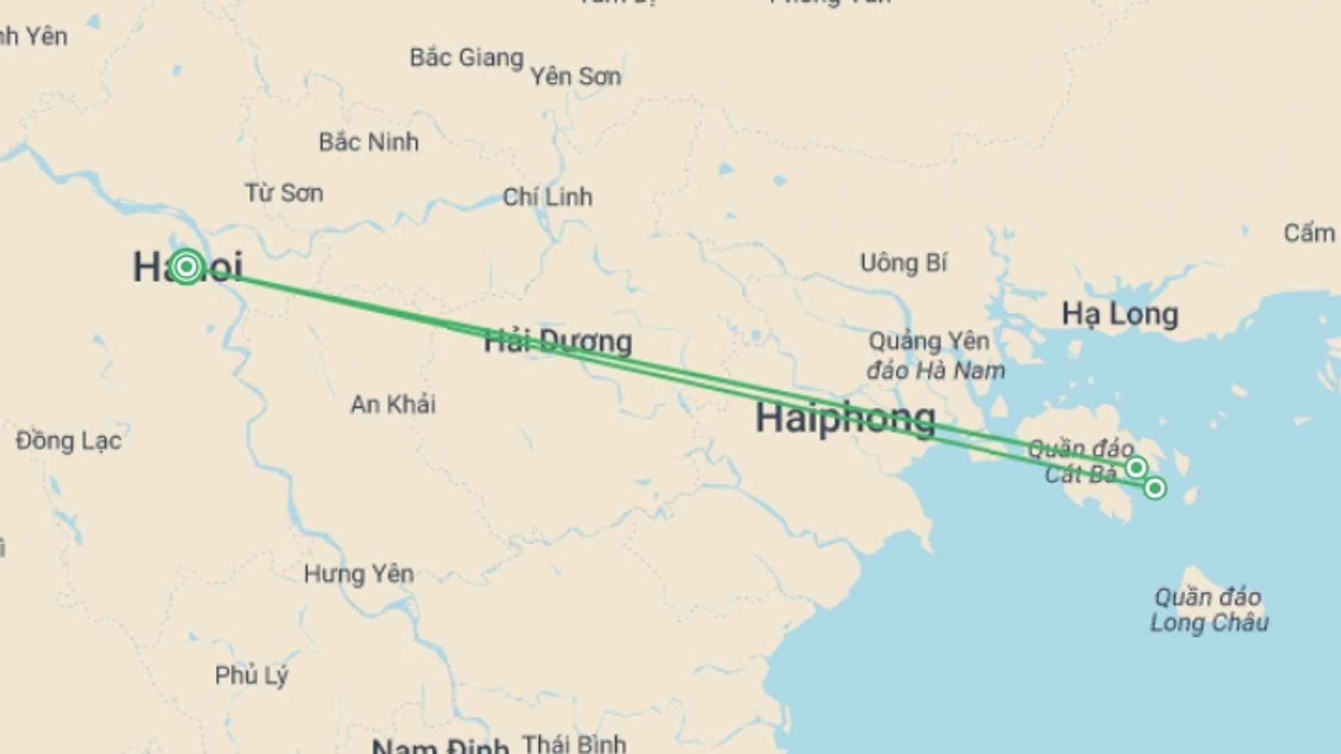 A map showing the tour itinerary for the trip: Halong Bay to Lan Ha Bay on Luxury Cruise, starting in Hanoi, Vietnam and ending in Hanoi, Vietnam going through 3 other destinations.