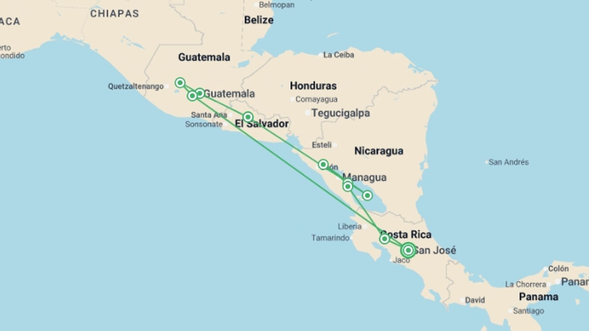 A map showing the tour itinerary for the trip: Central American Highlights, starting in San Jose, Costa Rica and ending in San Jose, Costa Rica going through 10 other destinations.