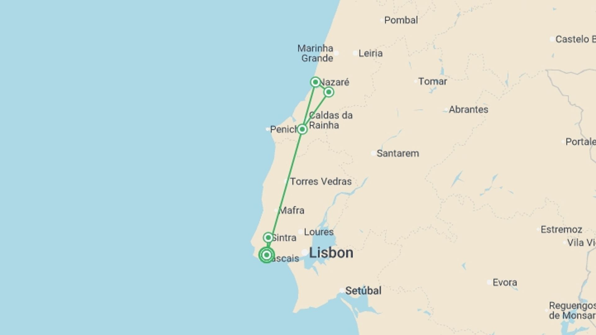 A map showing the tour itinerary for the trip: Estoril, Lisbon & Coast - 8 days, starting in Estoril, Portugal and ending in Estoril, Portugal going through 0 other destinations.