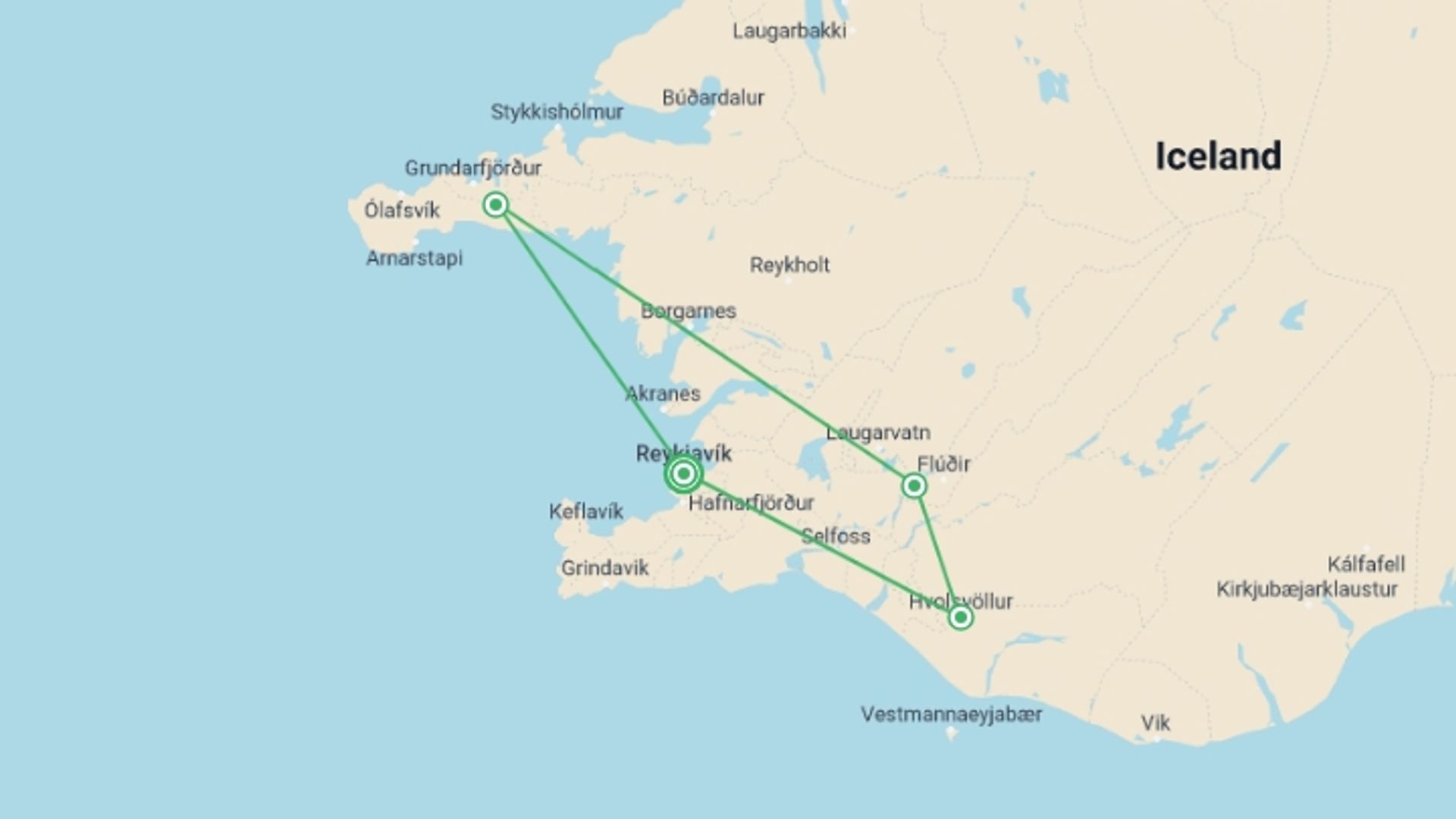 A map showing the tour itinerary for the trip: Iceland Family Holiday, starting in Reykjavik, Iceland and ending in Reykjavik, Iceland going through 3 other destinations.