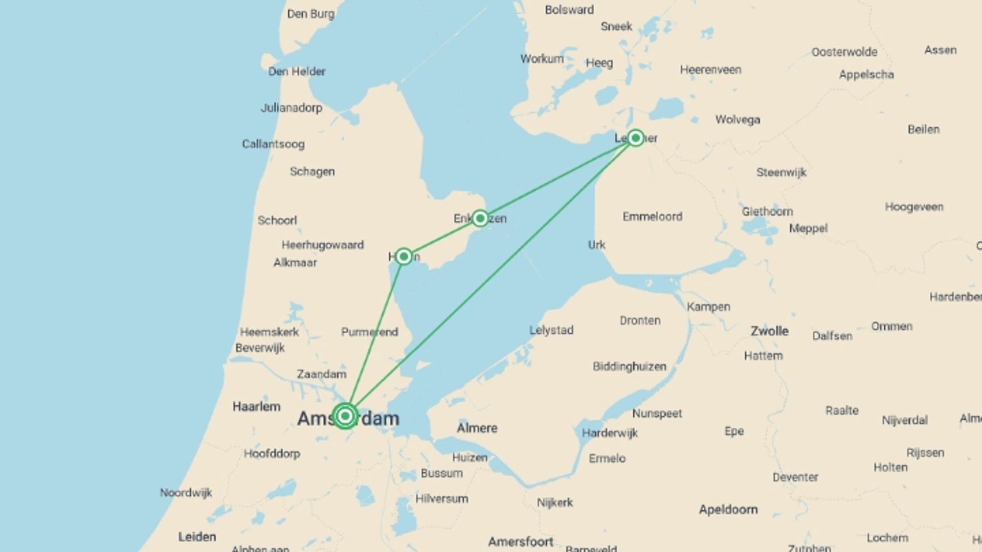 A map showing the tour itinerary for the trip: Cruise on the IJsselmeer, one of Holland's treasures (port-to-port cruise), starting in Amsterdam, Holland and ending in Amsterdam, Holland going through 2 other destinations.