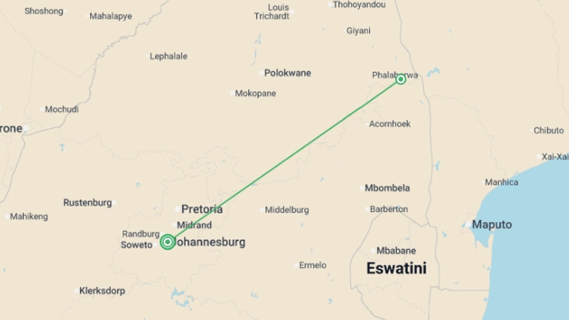 A map showing the tour itinerary for the trip: Signature: South Africa's Kruger National Park, starting in Johannesburg, South Africa and ending in Johannesburg, South Africa going through 1 other destinations.