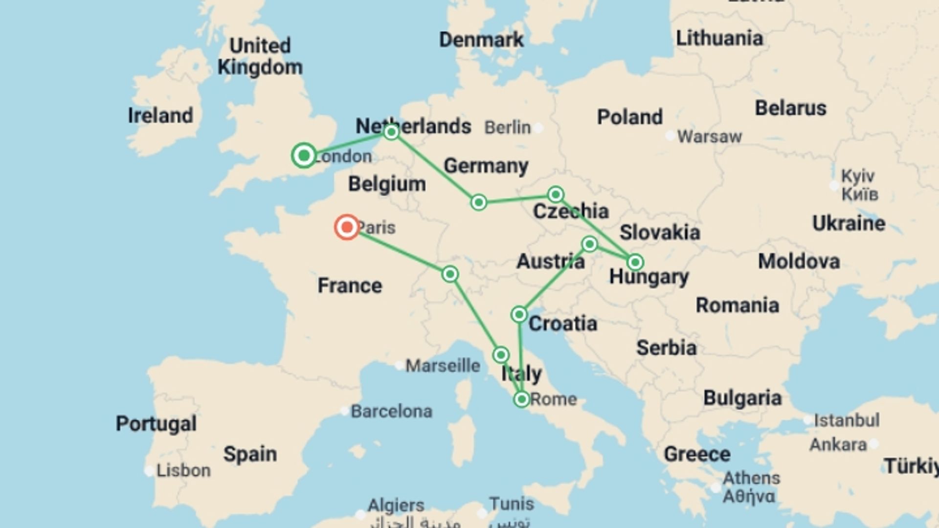 A map showing the tour itinerary for the trip: Romantic European, starting in London, England and ending in Paris, France going through 9 other destinations.