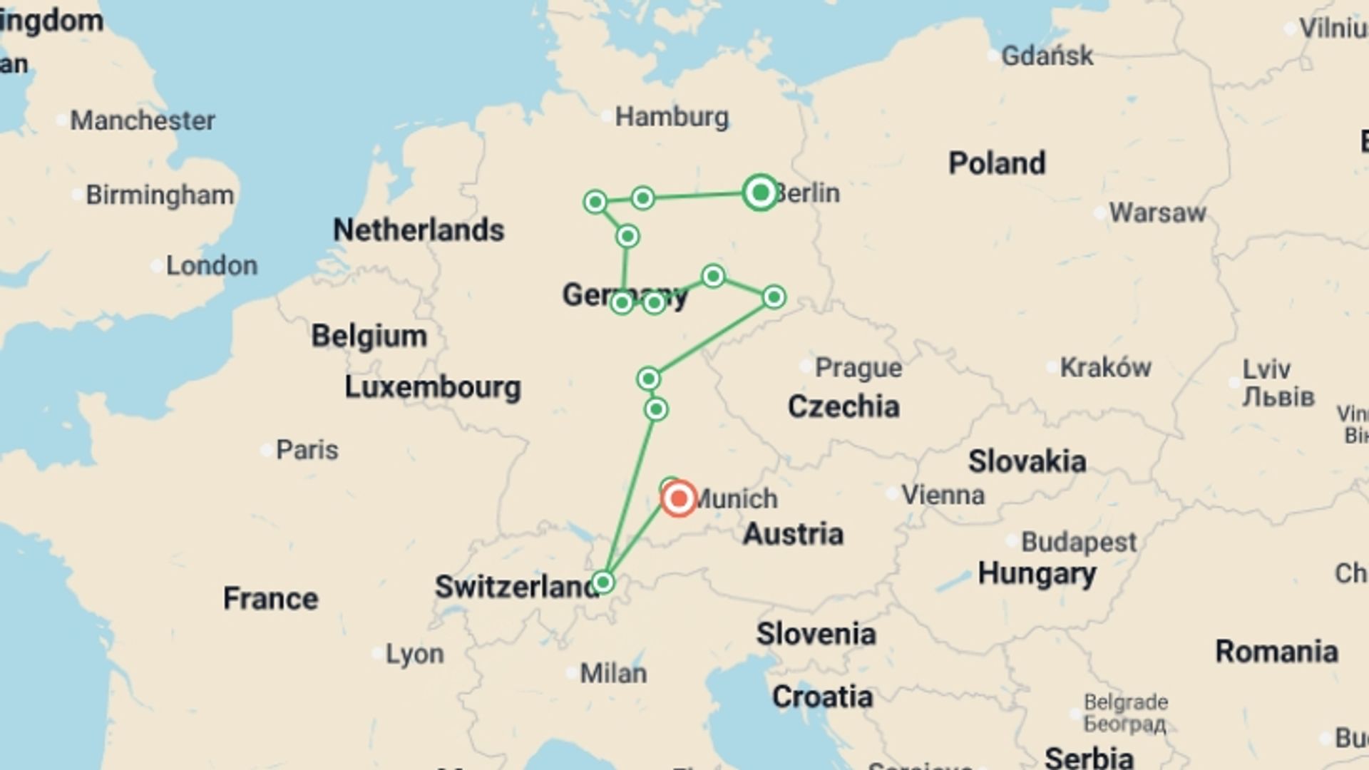 A map showing the tour itinerary for the trip: Authentic Germany, starting in Berlin, Germany and ending in Munich, Germany going through 4 other destinations.