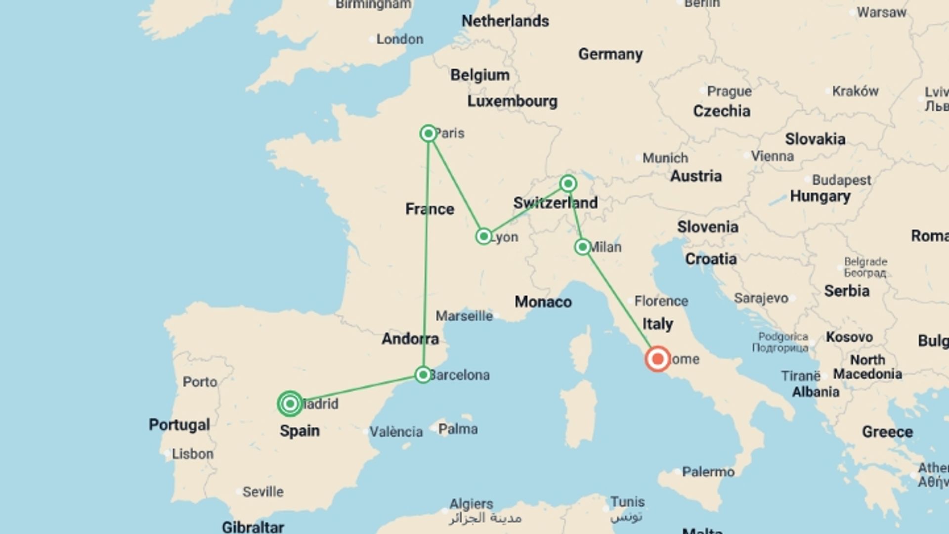 A map showing the tour itinerary for the trip: European Wonders GO, starting in Madrid, Spain and ending in Rome, Italy going through 5 other destinations.
