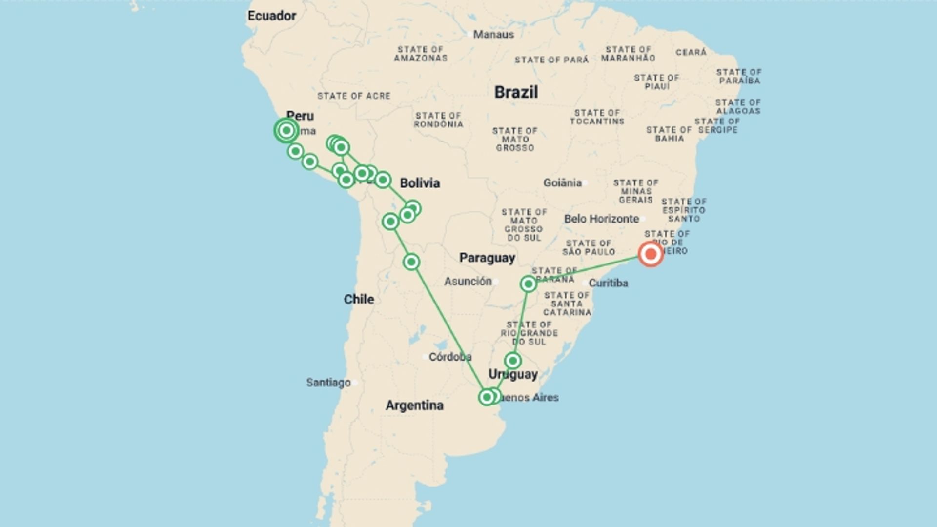 A map showing the tour itinerary for the trip: South America Highlights, starting in Lima, Peru and ending in Rio de Janeiro, Brazil going through 18 other destinations.
