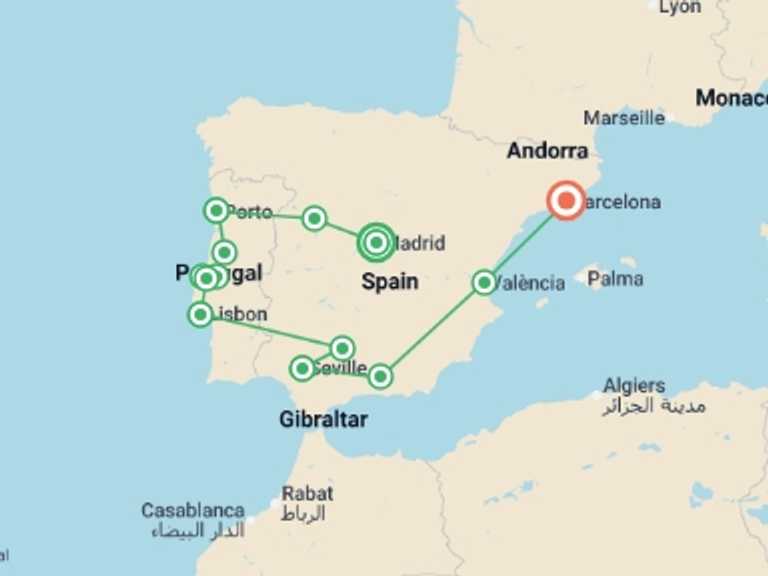 Map of Europe Tour with 9 destination visits for the trip: Ultimate Spain and Portugal Explorer (Superior) - 15 days