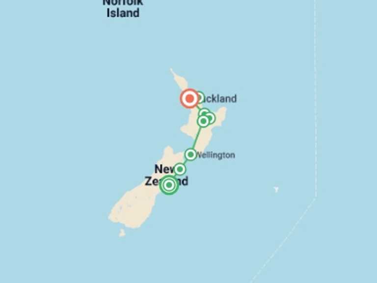 Map itinerary of Oceania Tour in May 2026 with 8 destination visits for the trip: New Zealand's South to North Island Adventure