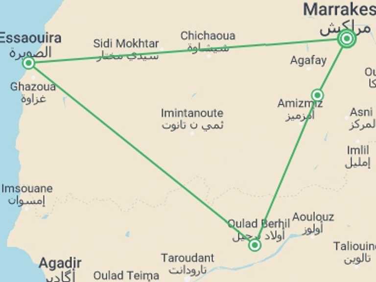 Map of Marrakech Walking Tour with 4 destination visits for the trip: Walking in Morocco - Atlas to Atlantic