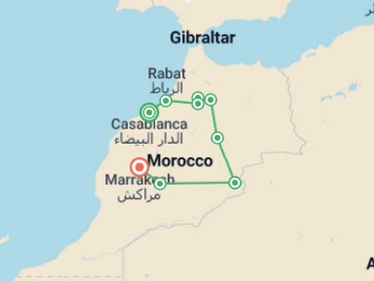 Map of 9-Day Marrakech Tour with 7 destination visits for the trip: A Taste of Morocco - Imperial Cities and Desert