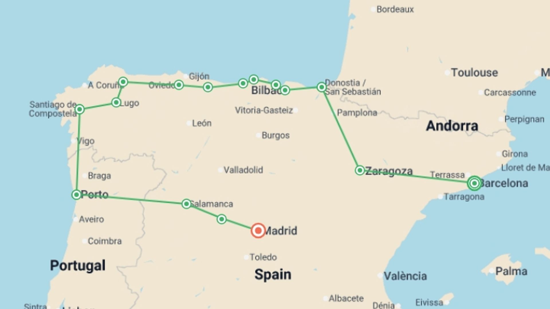 A map showing the tour itinerary for the trip: Barcelona, Galicia, Porto & Madrid - 13 days, starting in Barcelona, Spain and ending in Madrid, Spain going through 2 other destinations.