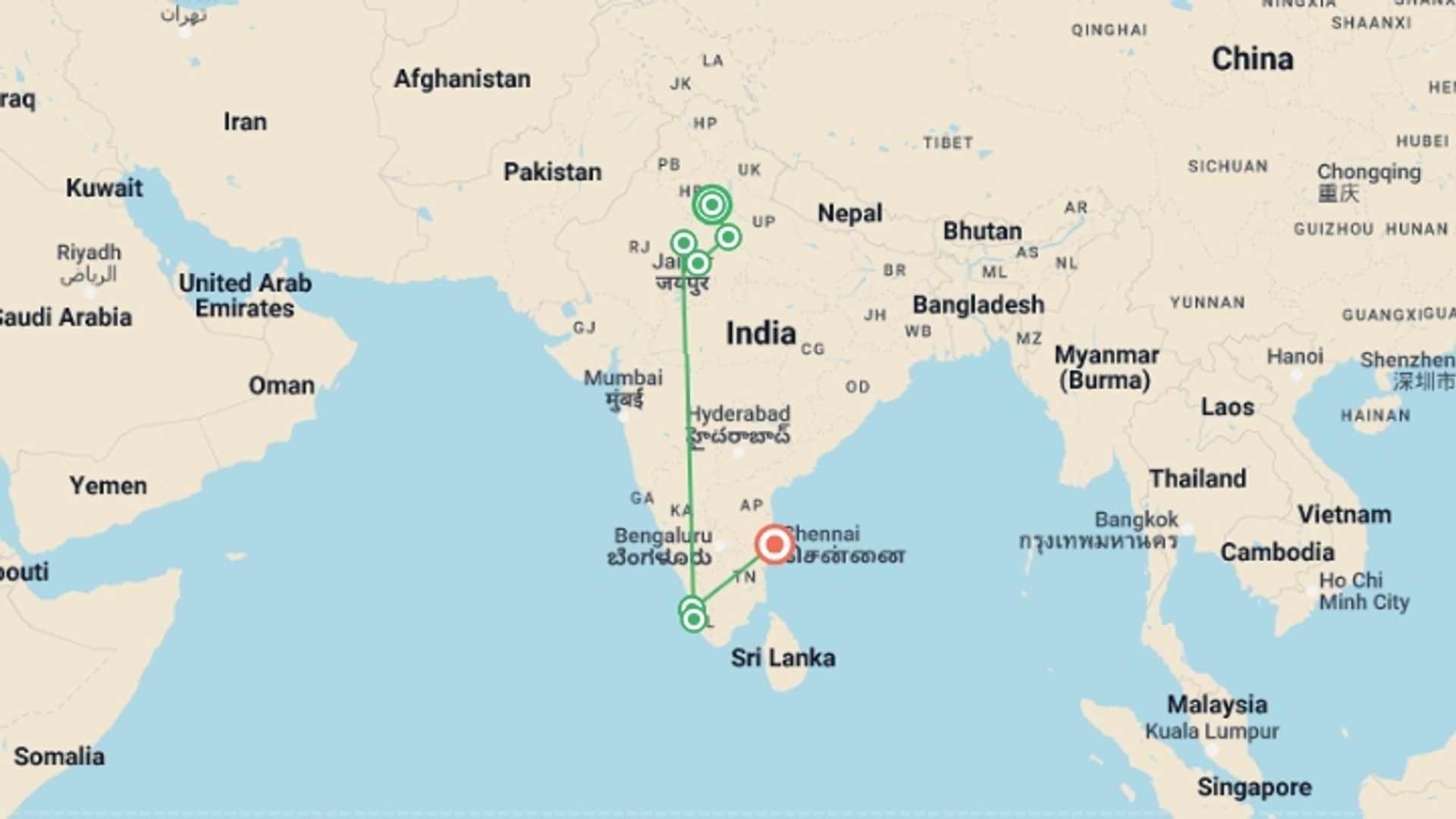 A map showing the tour itinerary for the trip: Best of North and South India, starting in New Delhi, India and ending in Chennai, India going through 7 other destinations.
