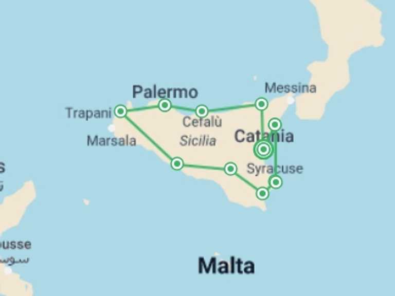 Map of Mediterranean Tour with 5 destination visits for the trip: Sicily Art, Food & Wine Tour