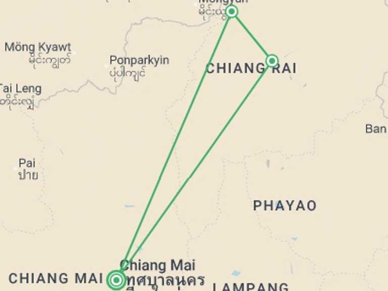 Map itinerary of Thailand Tour in February 2027 with 3 destination visits for the trip: Chiang Mai & Golden Triangle