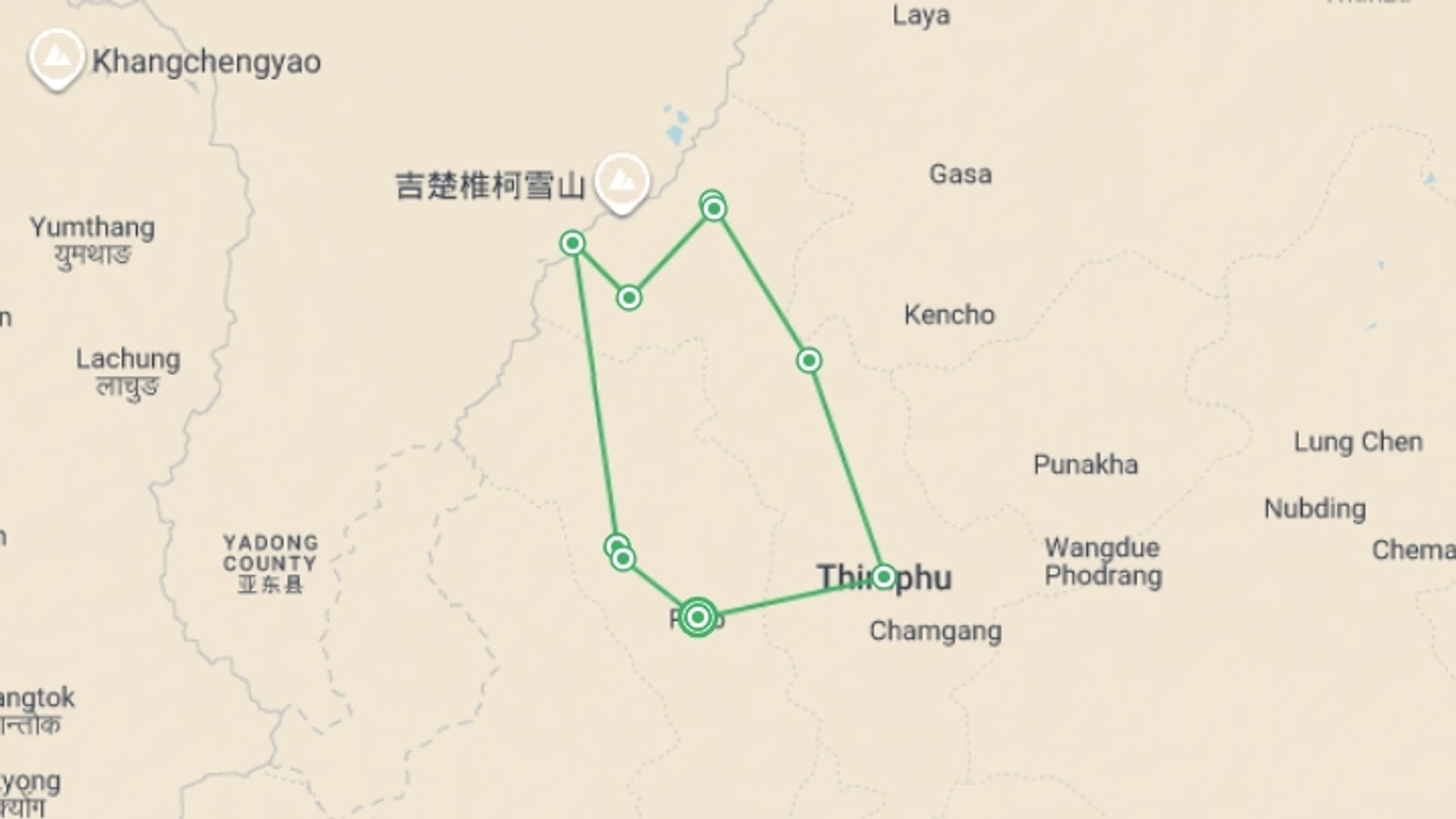 A map showing the tour itinerary for the trip: Jomolhari Base Camp Trek, starting in Paro, Bhutan and ending in Paro, Bhutan going through 8 other destinations.